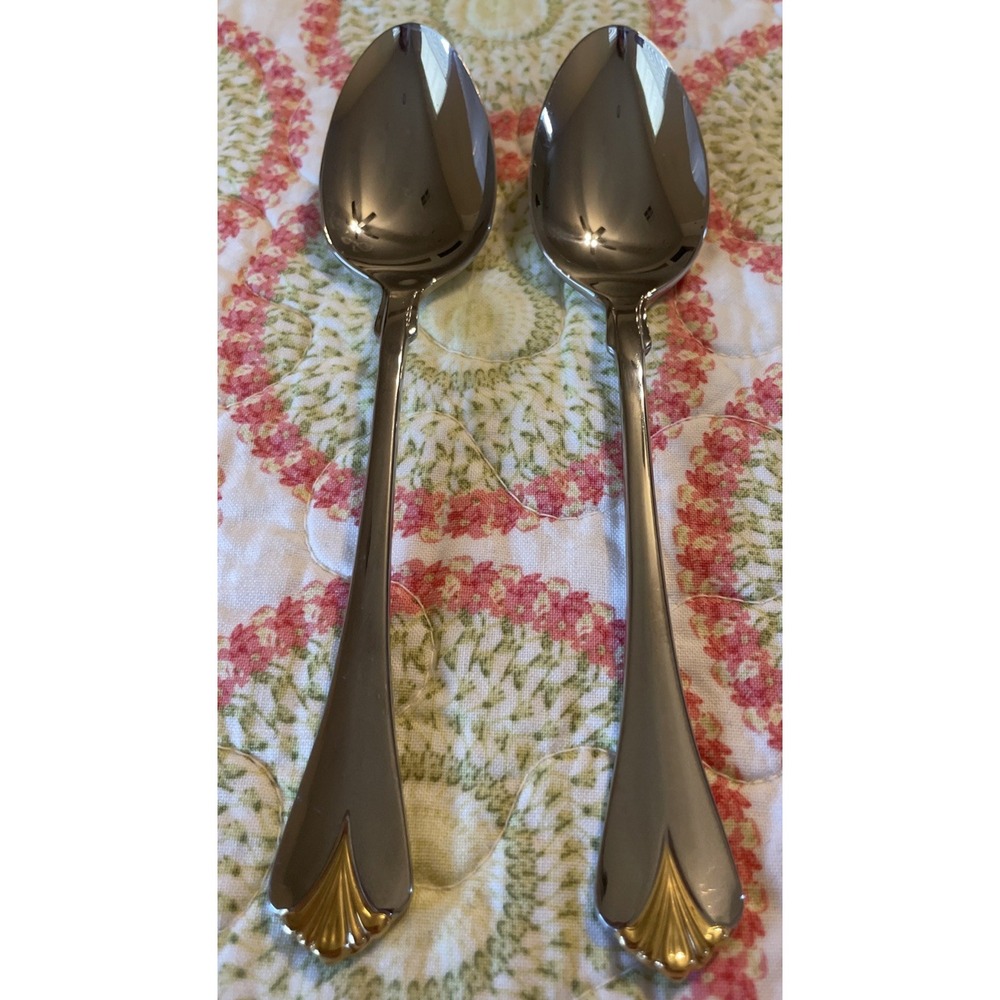 Yamazaki Cara Teaspoons Gold Accent Glossy Stainless Japan Flatware Set Of 2‎